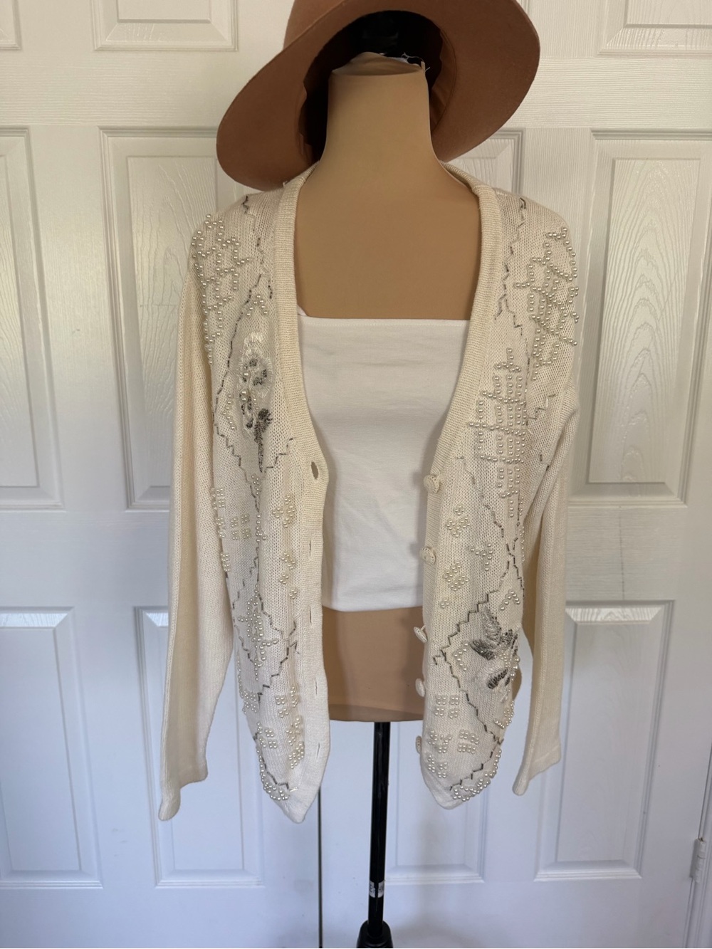 Grandma core Ivory Pearl Bead-Embellished Cardigan Cotton Sweater